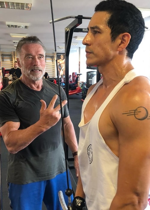 Arnold Schwarzenegger (Left) during Gabriel Luna's training session in August 2018
