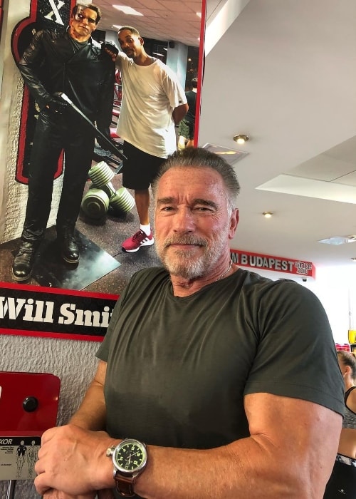 Arnold Schwarzenegger posing in front of a poster having his and Will Smith's picture in August 2018